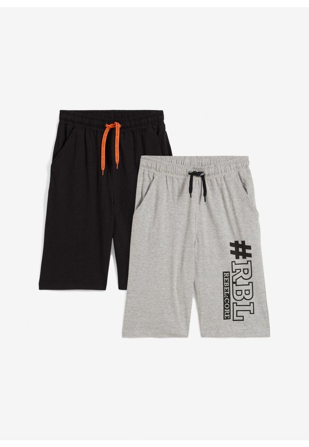 bonprix - Bermudy shirtowe chłopięce (2 pary). Kolor: czarny. Wzór: nadruk