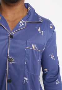 Born2be - Niebieska Bawełniana Piżama 2-częściowa z Koszulą i Spodniami Lallitte. Kolor: niebieski. Materiał: bawełna. Wzór: aplikacja