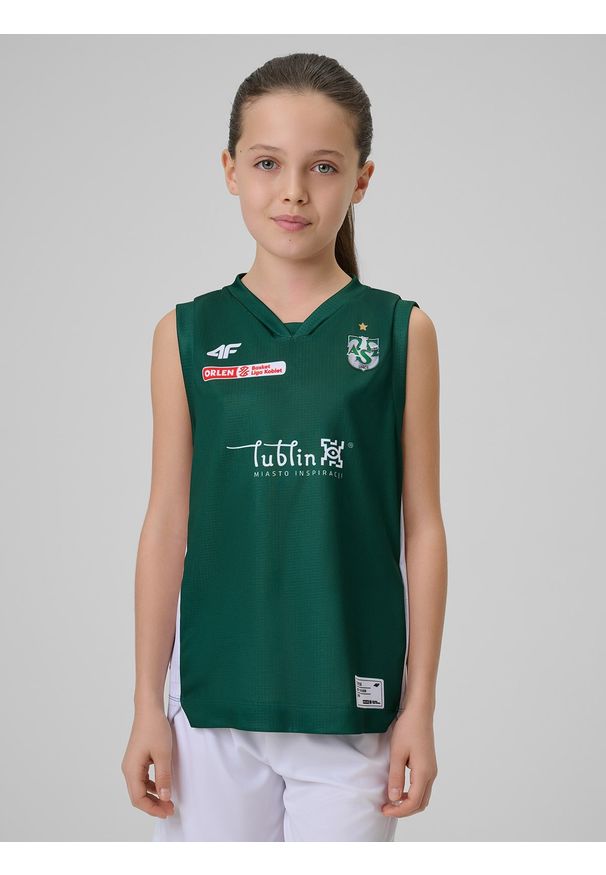 4f - 4F Koszulka meczowa replika wyjazdowa z sezonu 2025/26 dziecięca 4F x AZS UMCS Lublin - zielona 98/104. Kolor: zielony. Materiał: skóra, materiał, tkanina. Wzór: nadruk. Sezon: lato