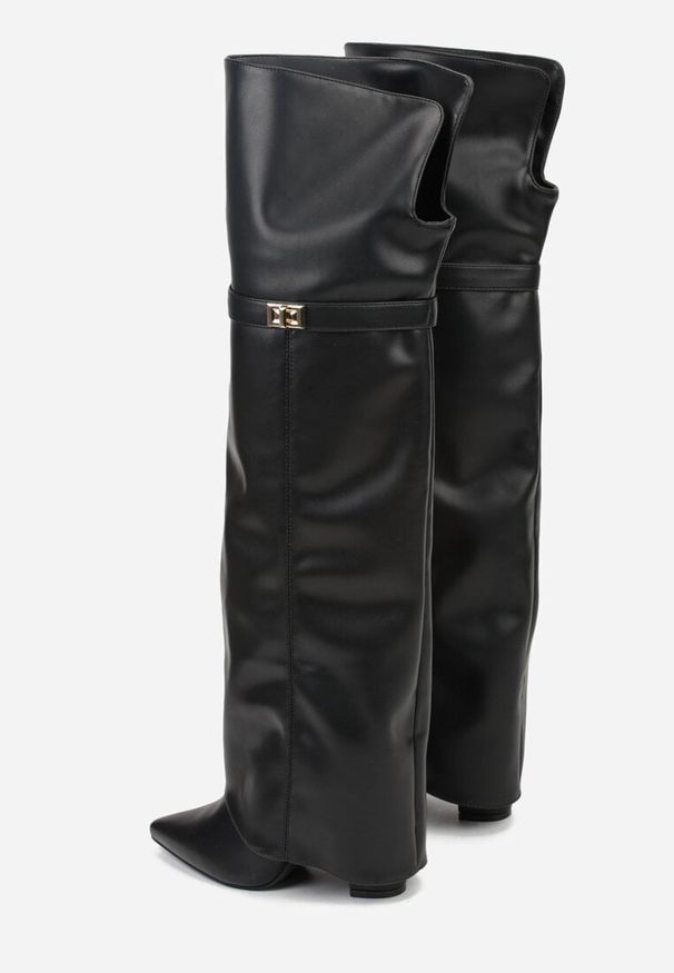 Renee - Czarne Eleganckie Kozaki za Kolano z Cholewką Imitującą Nogawkę Zenesseria. Okazja: na imprezę, na co dzień. Wysokość cholewki: za kolano. Kolor: czarny. Materiał: skóra, satyna. Szerokość cholewki: normalna. Styl: elegancki