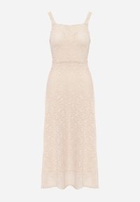 Born2be - Beżowa Taliowana Sukienka Koktajlowa z Koronki Ashelis. Kolor: beżowy. Materiał: koronka. Długość rękawa: na ramiączkach. Wzór: koronka. Styl: wizytowy #4