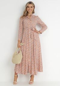 Born2be - Biało-Pomarańczowa Sukienka Nikiore. Okazja: na co dzień. Kolor: biały, pomarańczowy. Materiał: materiał. Długość rękawa: długi rękaw. Wzór: kwiaty. Typ sukienki: koszulowe. Styl: casual. Długość: maxi #6