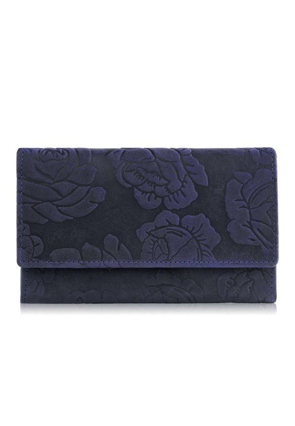PAOLO PERUZZI - Portfel damski skórzany duży w róże granatowy Paolo Peruzzi T-107-HDB. Kolor: niebieski, wielokolorowy, różowy. Materiał: skóra. Wzór: kwiaty