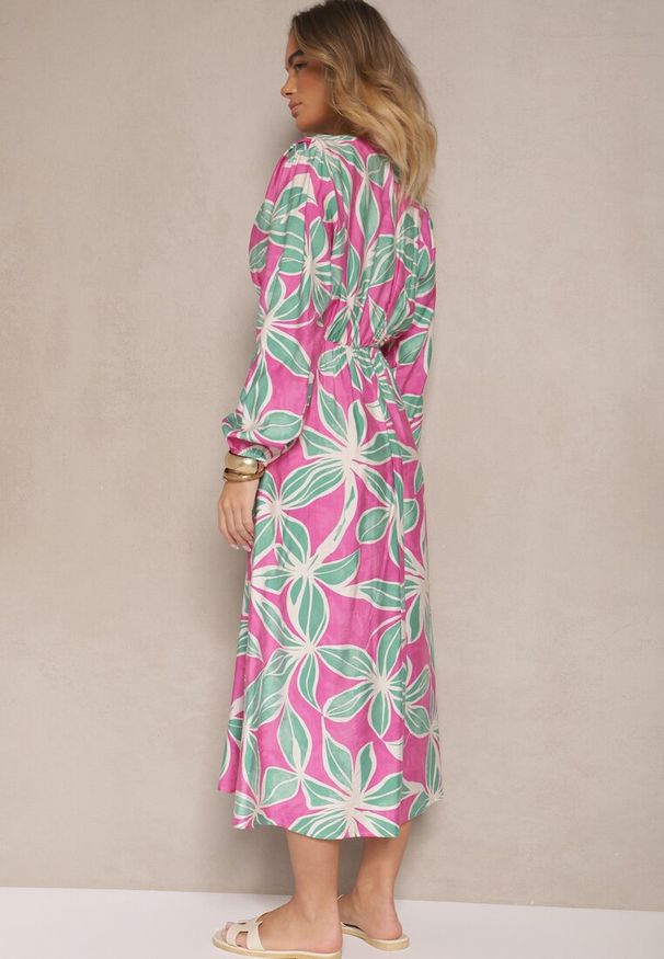 Renee - Zielono-Fuksjowa Kopertowa Sukienka z Wiskozy w Kwiaty Frolhiria. Okazja: na imprezę, na co dzień. Kolor: zielony. Materiał: wiskoza. Wzór: kwiaty. Sezon: wiosna. Typ sukienki: kopertowe. Styl: casual, elegancki