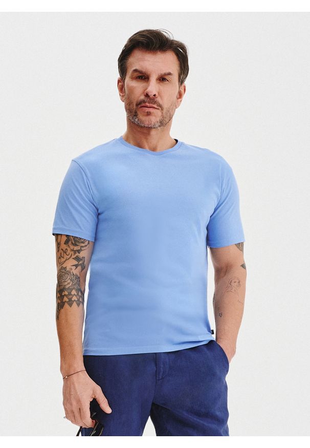 Pako Lorente - PAKO LORENTE – Bawełniany niebieski t-shirt. Okazja: na co dzień. Kolor: oliwkowy, żółty, niebieski. Materiał: bawełna. Styl: casual