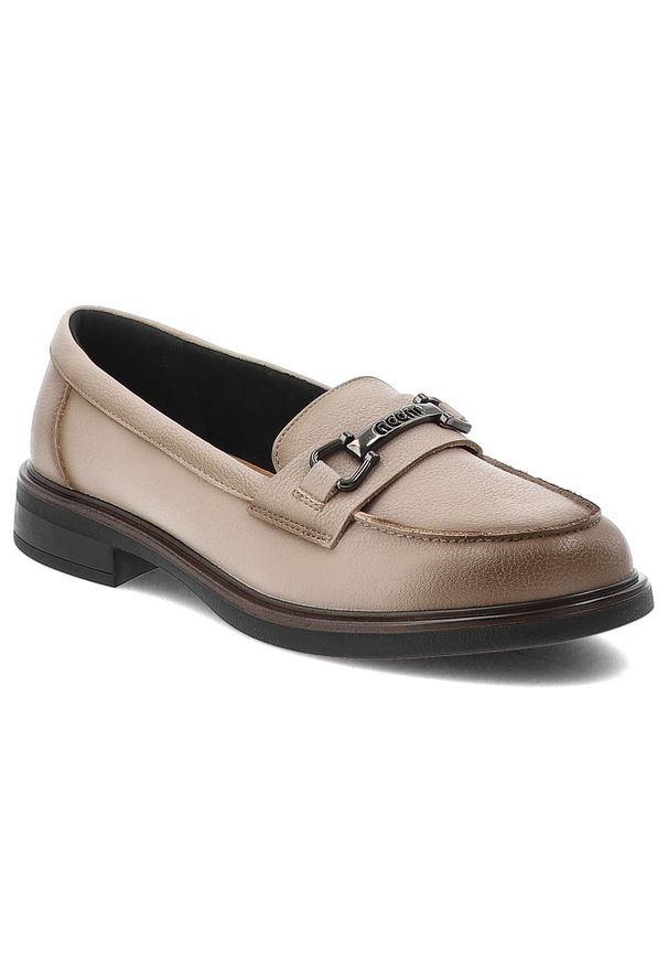 Mokasyny damskie Vinceza, skóra naturalna wsuwany fason klasyczne loafersy ozdobny detal metalowy niski stabilny obcas solidna podeszwa, beżowa, 3998. Okazja: na co dzień, na spotkanie biznesowe, do pracy. Kolor: beżowy. Materiał: skóra. Obcas: na obcasie. Styl: klasyczny. Wysokość obcasa: średni