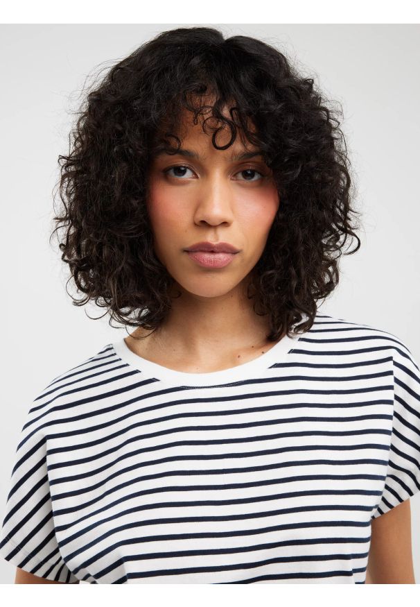 Big-Star - Koszulka damska w paski biało-granatowa Aleksa 403. Okazja: na co dzień. Kolor: niebieski. Materiał: dzianina, bawełna, żakard. Wzór: paski. Styl: casual, klasyczny