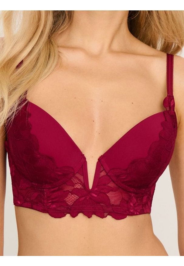 Sinsay - Biustonosz push-up z koronką - bordowy. Kolor: czerwony. Materiał: koronka. Rodzaj stanika: push-up. Wzór: koronka