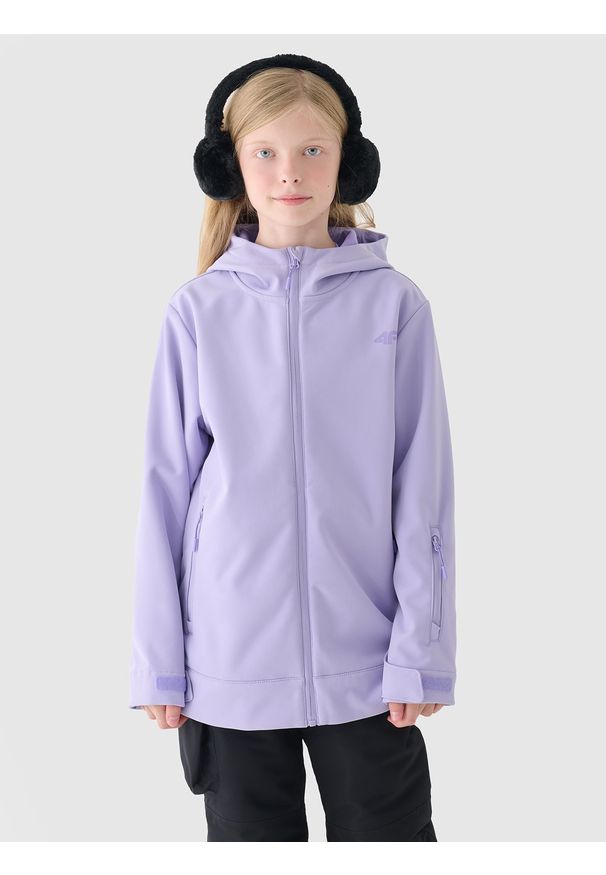 4f - 4F Bluza snowboardowa z softshellu membrana 5000 dziewczęca - fioletowa 158 (12-13 lat). Typ kołnierza: kaptur. Kolor: fioletowy. Materiał: syntetyk, materiał, elastan, tkanina, dzianina. Wzór: jednolity. Sezon: lato, zima. Styl: sportowy