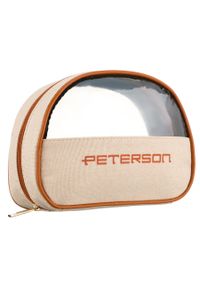 Beżowo-brązowa kosmetyczka z tkaniny syntetycznej z przezroczystym panelem, zamykana suwakiem - Peterson. Kolor: brązowy, beżowy, wielokolorowy. Materiał: tkanina, syntetyk #1