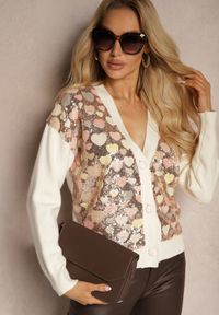 Renee - Beżowy Wzorzysty Kardigan w Serduszka z Dekoltem w Serek i Cekinami Ansilene. Okazja: na co dzień. Typ kołnierza: dekolt w serek. Kolor: beżowy. Materiał: jeans. Styl: klasyczny, elegancki, casual #5