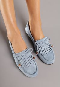Renee - Niebieskie Mokasyny z Koralikami Kokardą i Frędzlami Nahda. Okazja: na co dzień. Kolor: niebieski. Materiał: jeans. Styl: casual, street #7
