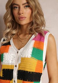 Renee - Biało-Żółty Top z Bawełnianej Dzierganej Tkaniny Zapinany na Guziki Kawayne. Kolor: biały. Materiał: bawełna, dziergany, tkanina. Styl: boho