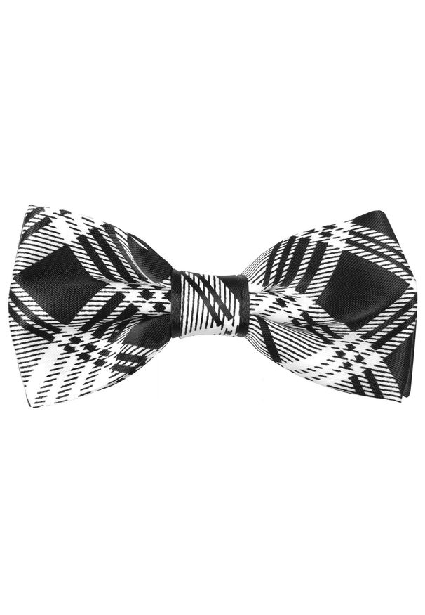 Modini - Biało-czarna mucha w kratkę z poszetką A158. Kolor: wielokolorowy, czarny, biały. Materiał: poliester, tkanina. Wzór: kratka. Styl: elegancki