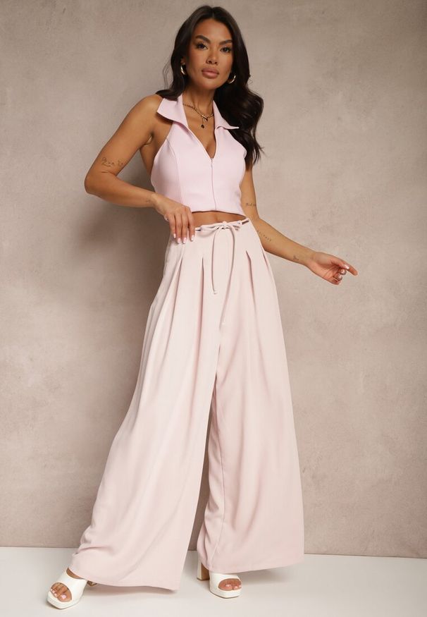 Renee - Różowe Szerokie Spodnie High Waist Zapinane na Suwak z Wiązaniem w Talii Vikonnia. Okazja: na co dzień. Stan: podwyższony. Kolor: różowy. Styl: casual, elegancki, klasyczny