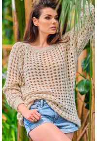 Awama - Oversizowy Sweter w Ażurowy Wzór - Beżowy. Kolor: beżowy. Materiał: poliamid, poliakryl, poliester. Wzór: ażurowy