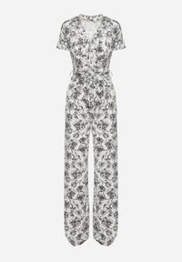 Born2be - Biało-Czarny Kombinezon w Kwiaty z Krótkim Rękawem i Dekoltem w Serek z Długimi Nogawkami Nestaanne. Okazja: na co dzień. Kolor: biały. Materiał: jeans. Długość rękawa: krótki rękaw. Długość: krótkie. Wzór: kwiaty. Styl: wizytowy, casual, elegancki #5