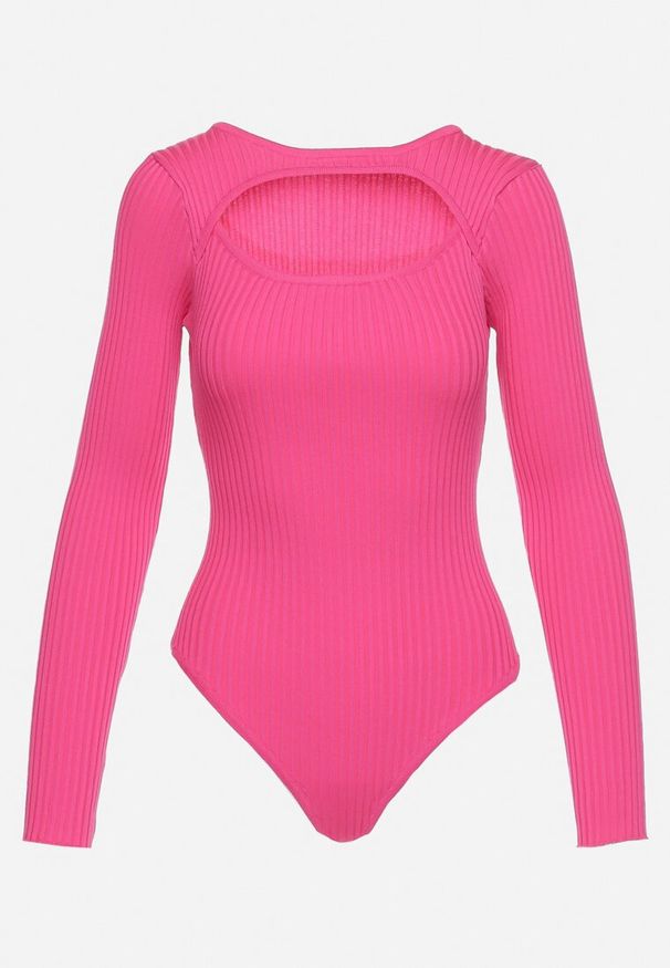 Born2be - Fuksjowe Body Prążkowane z Wycięciem na Dekolcie Volfi. Kolor: różowy. Materiał: prążkowany. Styl: klasyczny