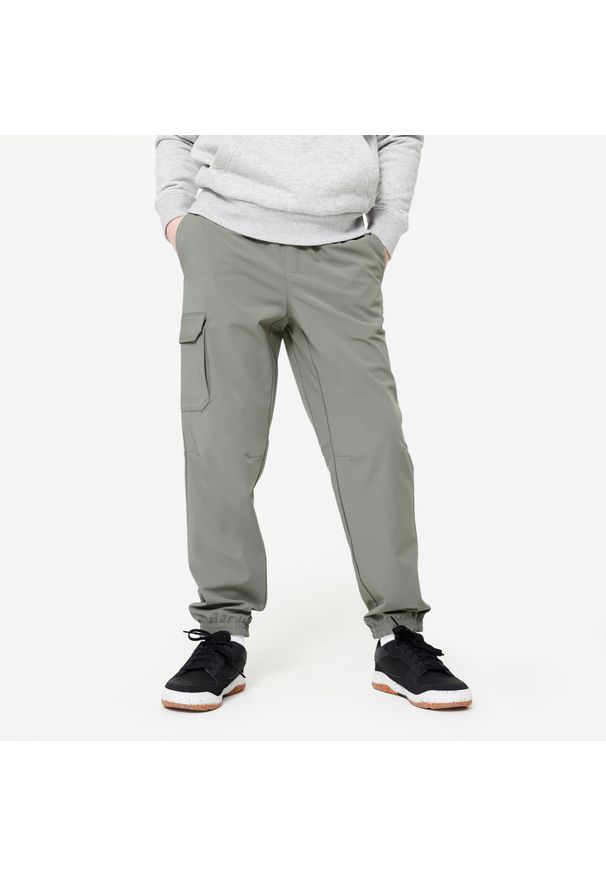 Decathlon - Spodnie dresowe dziecięce Domyos cargo. Kolor: zielony. Materiał: materiał, poliester, elastan