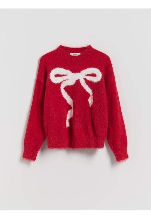 Reserved - Sweter z kokardką - czerwony. Typ kołnierza: kokarda. Kolor: czerwony. Materiał: wiskoza, dzianina