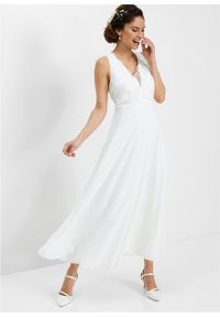 Sukienka szyfonowa z cekinami bonprix biel wełny. Okazja: na ślub cywilny, na wesele. Typ kołnierza: dekolt gorset. Kolor: biały. Materiał: szyfon, wełna. Typ sukienki: gorsetowe. Styl: elegancki #6