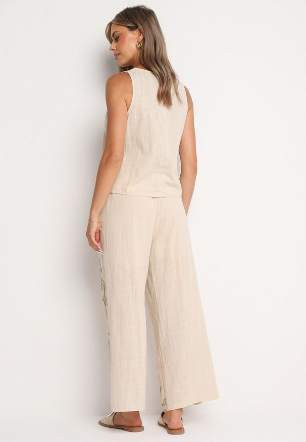 Born2be - Beżowy Haftowany Bawełniany Komplet Góra Bez Rękawów i Spodnie z Długimi Nogawkami Jerceria. Kolor: beżowy. Materiał: bawełna. Wzór: haft