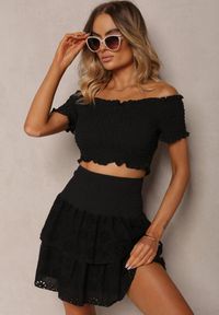 Renee - Czarny Ażurowy Komplet z Bawełny Top w Hiszpańskim Stylu Spódnica z Gumką w Talii Vimariah. Kolor: czarny. Materiał: bawełna. Wzór: ażurowy #3