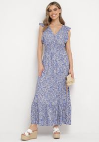 Born2be - Niebieska Bawełniana Sukienka z Metalicznym Nadrukiem z Gumkami w Pasie z Kopertowym Dekoltem Folia. Okazja: na spacer, na co dzień. Typ kołnierza: dekolt kopertowy, kołnierz z falbankami. Kolor: niebieski. Materiał: bawełna. Wzór: nadruk. Typ sukienki: kopertowe. Styl: casual, klasyczny #6