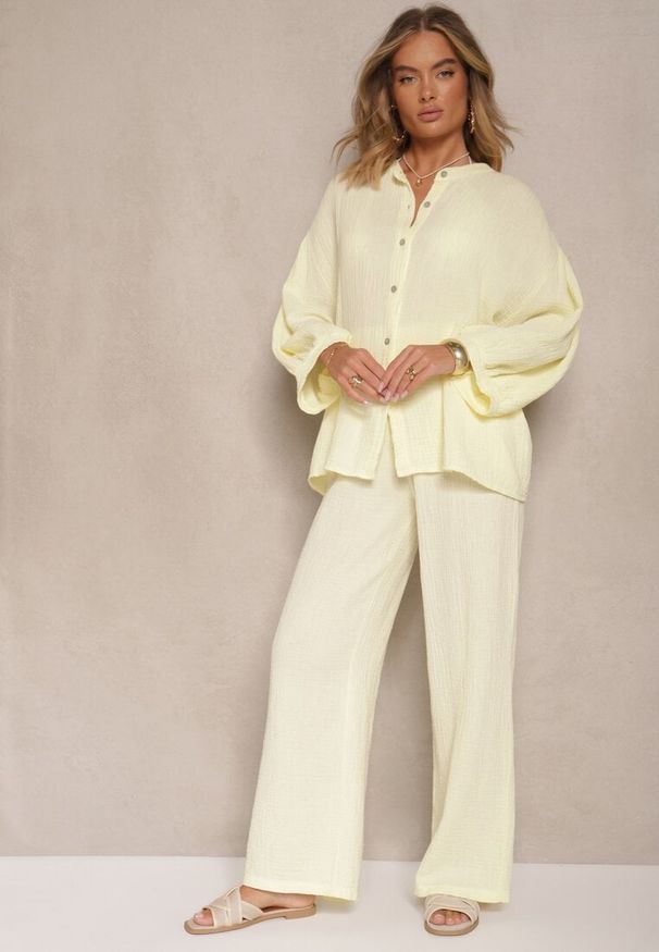 Renee - Żółty Bawełniany Komplet Muślinowy Oversize z Koszulą i Szerokimi Spodniami Ziorina. Kolor: żółty. Materiał: bawełna. Wzór: aplikacja