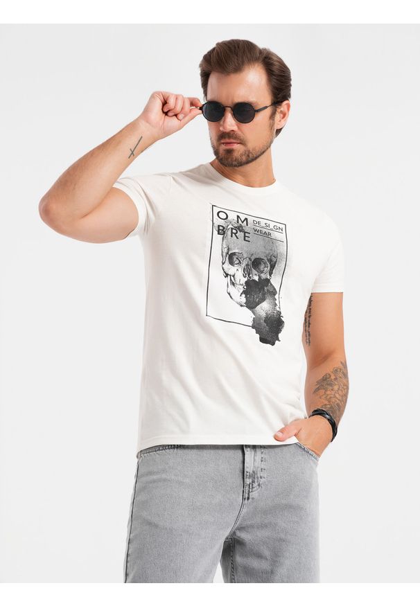 Ombre Clothing - Bawełniana koszulka męska z czaszką – biała V2 OM-TSPT-0200 - XXL. Okazja: na co dzień. Kolor: biały. Materiał: bawełna. Wzór: gładki, ze splotem, nadruk. Styl: klasyczny, casual
