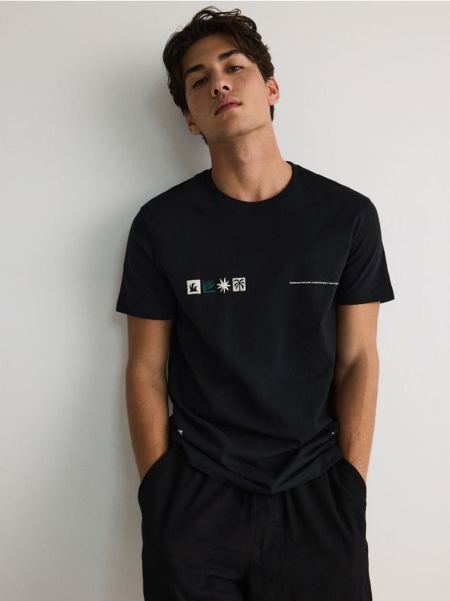 Tシャツ M Czarny t-shirt Reserved z nadrukiem 627BM-99X - T-shirty