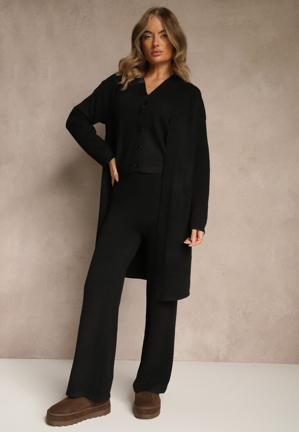 Renee - Czarny Komplet z Dzianiny z Wełną Długi Kardigan Spodnie i Kamizelka Otizane. Kolekcja: plus size. Kolor: czarny. Materiał: dzianina, wełna. Wzór: aplikacja