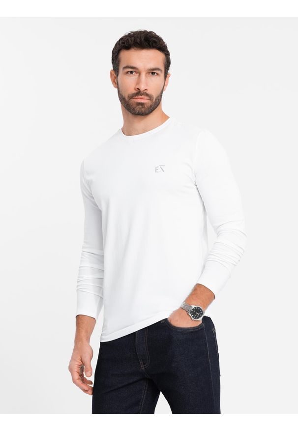 Ombre Clothing - Męski longsleeve SLIM FIT z elastanem i printem – biały V2 - Rozmiar: S. Okazja: na co dzień. Kolor: biały. Materiał: elastan. Długość rękawa: długi rękaw. Wzór: nadruk. Styl: casual