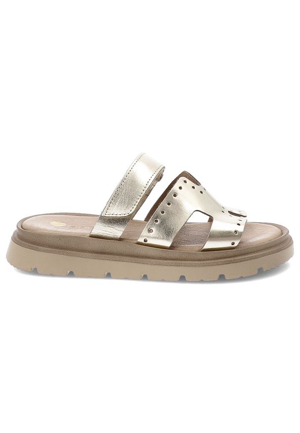 Złote Klapki Armodo Modne Obuwie Damskie. Okazja: na spacer, na co dzień. Kolor: złoty. Materiał: skóra. Sezon: lato. Styl: casual