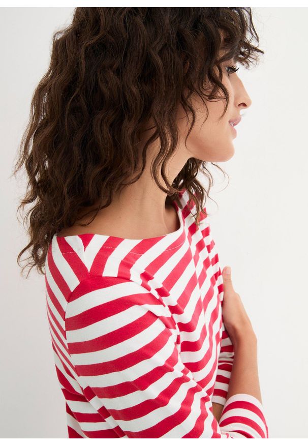 bonprix - Shirt z rękawami 3/4 i dekoltem w łódkę. Kolor: czerwony. Materiał: bawełna