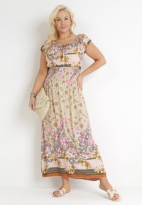Born2be - Beżowa Sukienka Maxi Hiszpanka z Gumkami w Talii z Bawełny Doreyana. Typ kołnierza: dekolt hiszpanka. Kolor: beżowy. Materiał: bawełna. Sezon: lato, wiosna. Długość: maxi