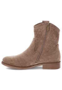 Brązowe Botki S.Barski Eleganckie Obuwie Damskie. Okazja: na co dzień. Kolor: brązowy. Materiał: jeans, materiał. Wzór: ażurowy, aplikacja. Obcas: na obcasie. Styl: elegancki. Wysokość obcasa: niski