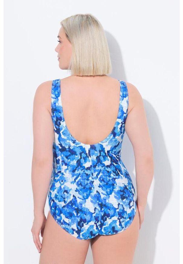 ULLA POPKEN - Damskie Strój kąpielowy wzorzysty bez miękkich miseczek okrągły dekolt. Kolekcja: plus size. Kolor: niebieski. Materiał: poliamid, materiał, elastan