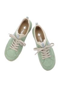 Półbuty damskie Rieker, cholewka skóra ekologiczna wsuwane niski fason zaokrąglony nosek kontrastowe elementy kolorystyczne pętla z tyłu masywna lini. Okazja: na spacer, na co dzień. Zapięcie: bez zapięcia. Kolor: zielony. Materiał: skóra ekologiczna. Szerokość cholewki: normalna. Styl: casual, elegancki, sportowy, klasyczny #5