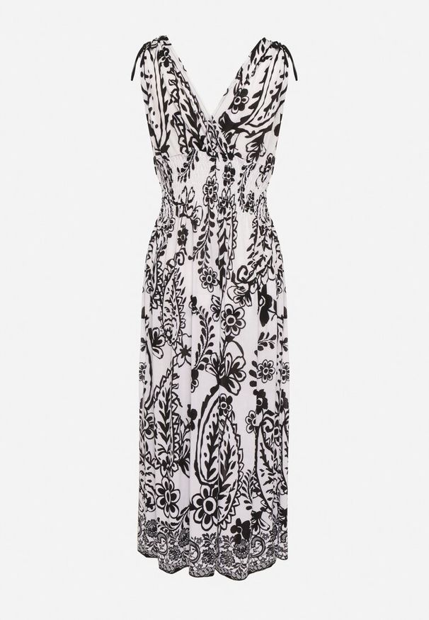 Born2be - Czarna Sukienka z Roślinnym Wzorem i Kopertowym Dekoltem z Gumką w Talii Orrune. Okazja: na co dzień, na spotkanie biznesowe, do pracy. Typ kołnierza: dekolt kopertowy. Kolor: czarny. Materiał: jeans. Sezon: lato. Typ sukienki: kopertowe. Styl: biznesowy, casual, klasyczny