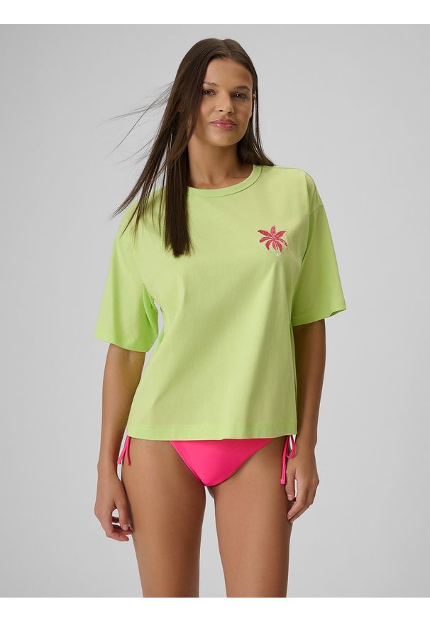 4f - 4F T-shirt boxy z nadrukiem damski - zielony S. Okazja: na co dzień. Kolor: żółty. Materiał: dzianina, bawełna, materiał. Wzór: nadruk. Styl: casual