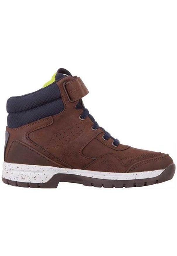 Buty do chodzenia dla dzieci Kappa Lithium K. Wysokość cholewki: za kostkę. Zapięcie: rzepy. Kolor: brązowy, niebieski, wielokolorowy. Materiał: syntetyk, tkanina, materiał. Szerokość cholewki: normalna. Sport: turystyka piesza