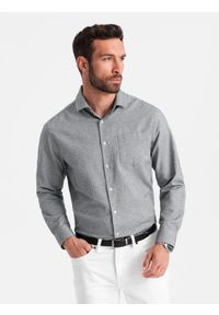 Ombre Clothing - Koszula męska z kieszenią REGULAR FIT - szary melanż V3. Kolor: szary. Materiał: poliester, bawełna. Długość rękawa: długi rękaw. Długość: długie. Wzór: melanż