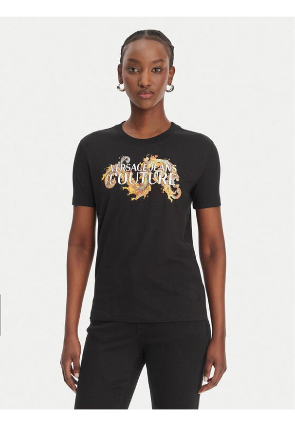 Versace Jeans Couture T-Shirt 80HAHE02 CJ00E Czarny Regular Fit. Kolor: czarny. Materiał: bawełna