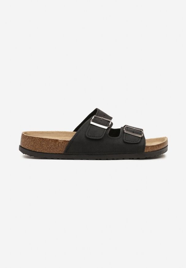 Born2be - Czarne Klapki z Ozdobnymi Klamrami Firamine. Okazja: na plażę. Kolor: czarny. Materiał: len. Sezon: lato. Styl: elegancki