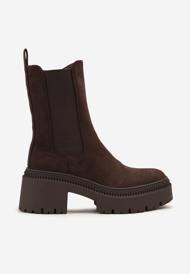 Renee - Brązowe Botki Typu Sztyblety na Platformie Fesurela. Okazja: na co dzień. Kolor: brązowy. Materiał: jeans. Obcas: na platformie. Styl: casual