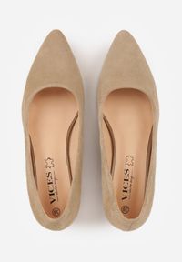 Born2be - Ciemnobeżowe Skórzane Czółenka VICES na Obcasie Delmavere. Nosek buta: otwarty. Kolor: beżowy. Materiał: skóra. Obcas: na obcasie. Wysokość obcasa: średni #3