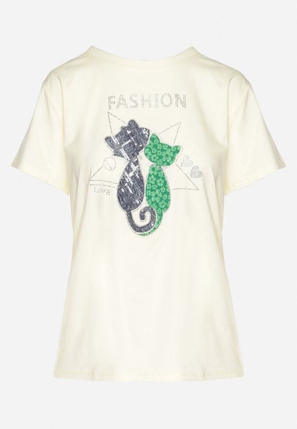 Born2be - Żółty T-shirt z Bawełny z Ozdobnym Napisem i Nadrukiem Olinella. Okazja: na co dzień. Kolor: żółty. Materiał: bawełna. Wzór: nadruk, napisy. Styl: casual