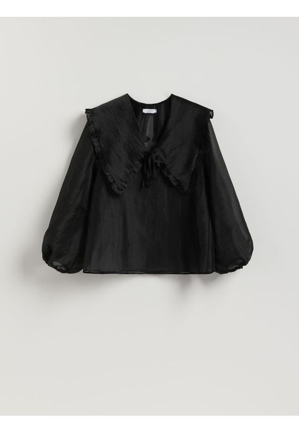 Reserved - Bluzka z ozdobnym kołnierzem - czarny. Kolor: czarny. Materiał: tkanina