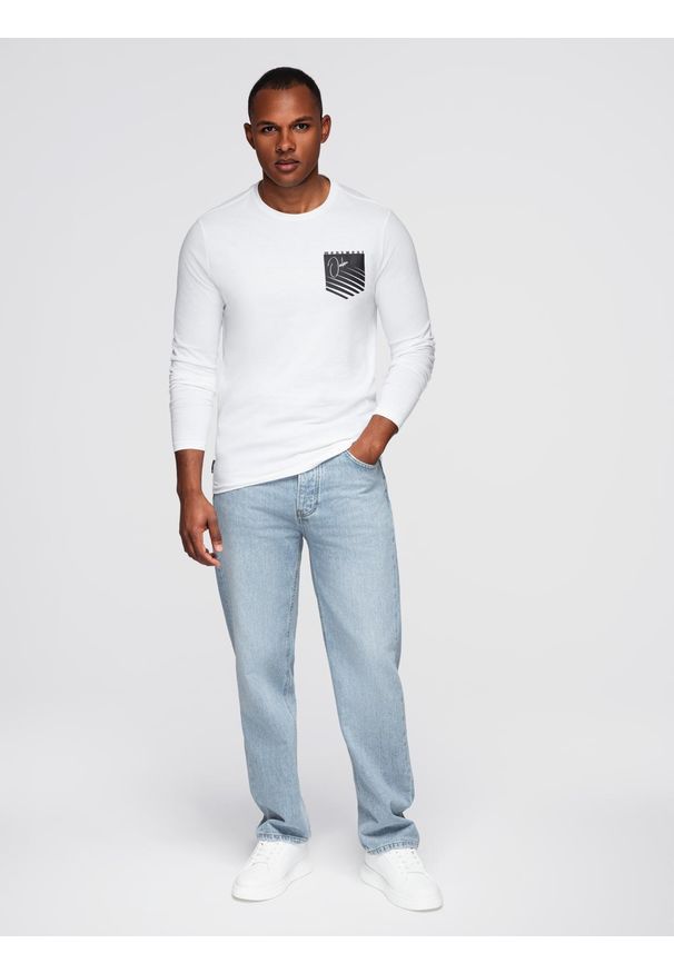 Ombre Clothing - Longsleeve męski z printem w kształcie kieszonki - biały V1 OM-LSPT-0118 - XXL. Kolor: biały. Materiał: bawełna. Długość rękawa: długi rękaw. Długość: długie. Wzór: nadruk